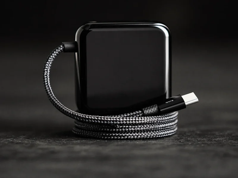 Cablu USB-C împletit lângă un încărcător compact negru mat